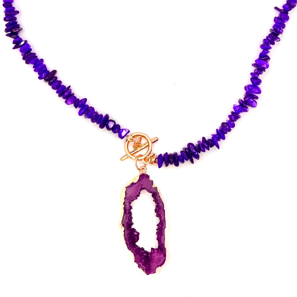 Handmade bead necklace purple geode